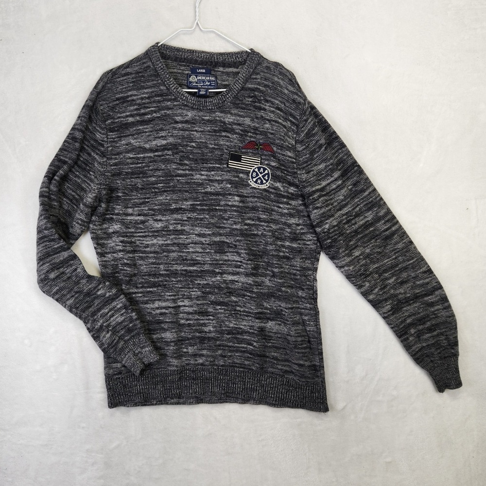 American Rag Mens Space Dye Knit Sweater Grey Black Patch‎ Crew Neck Large
